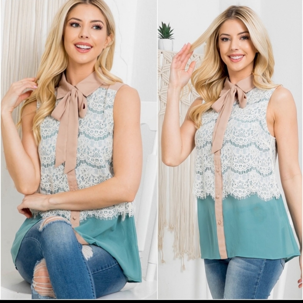 Lace beige and teal button-up top with a self-tie bow-neck blouse.